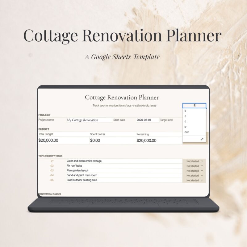 Cottage Renovation Planner Google Sheets template shown on a laptop
