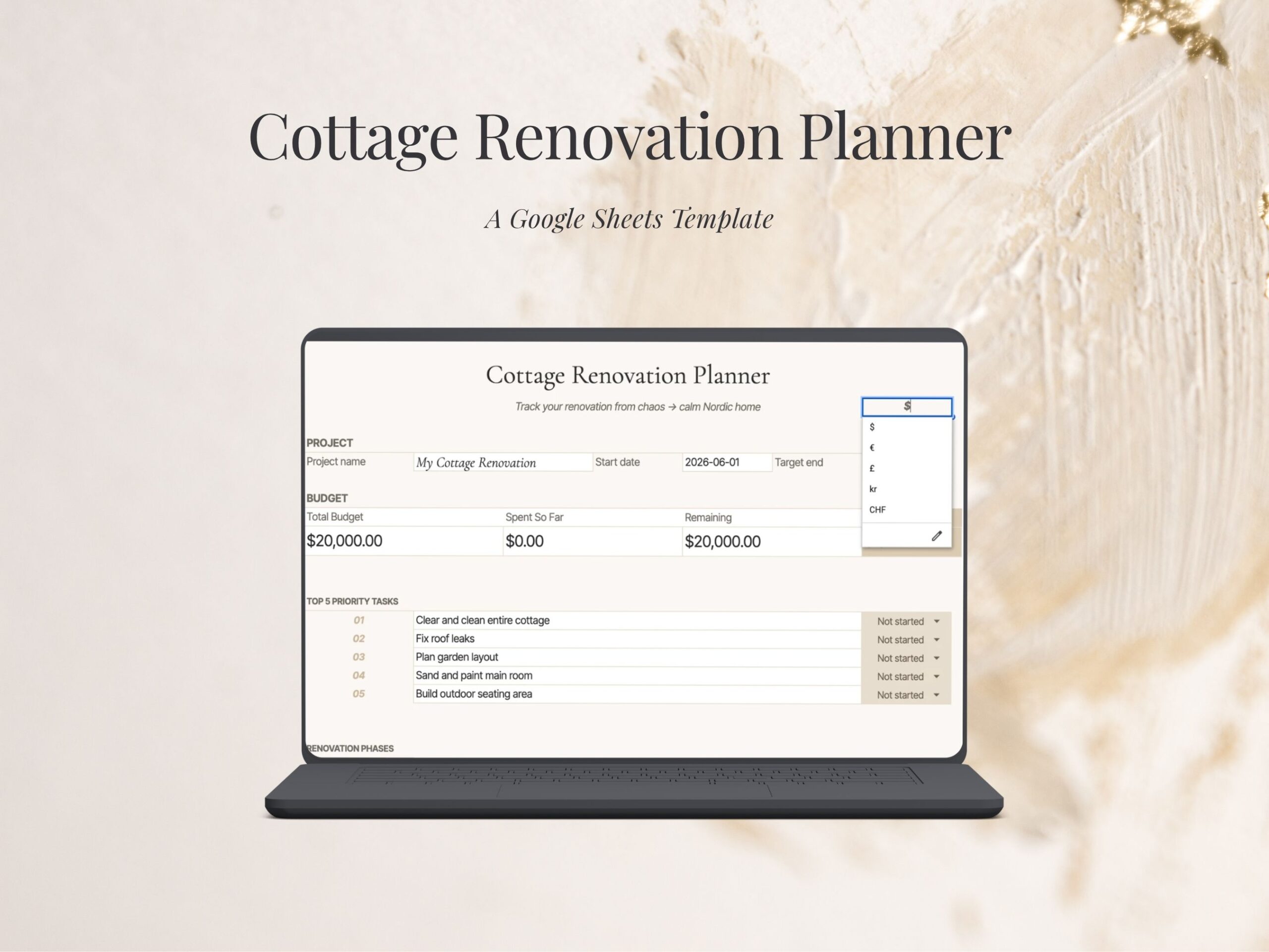 Cottage Renovation Planner Google Sheets template shown on a laptop