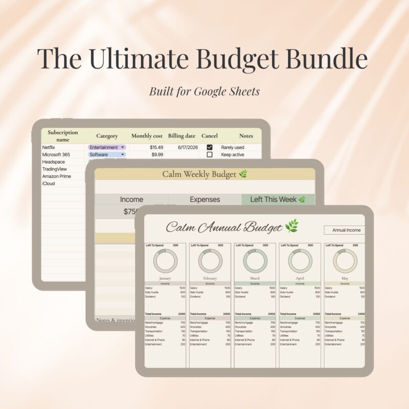 Ultimate Budget Bundle Google Sheets template shown on three iPads