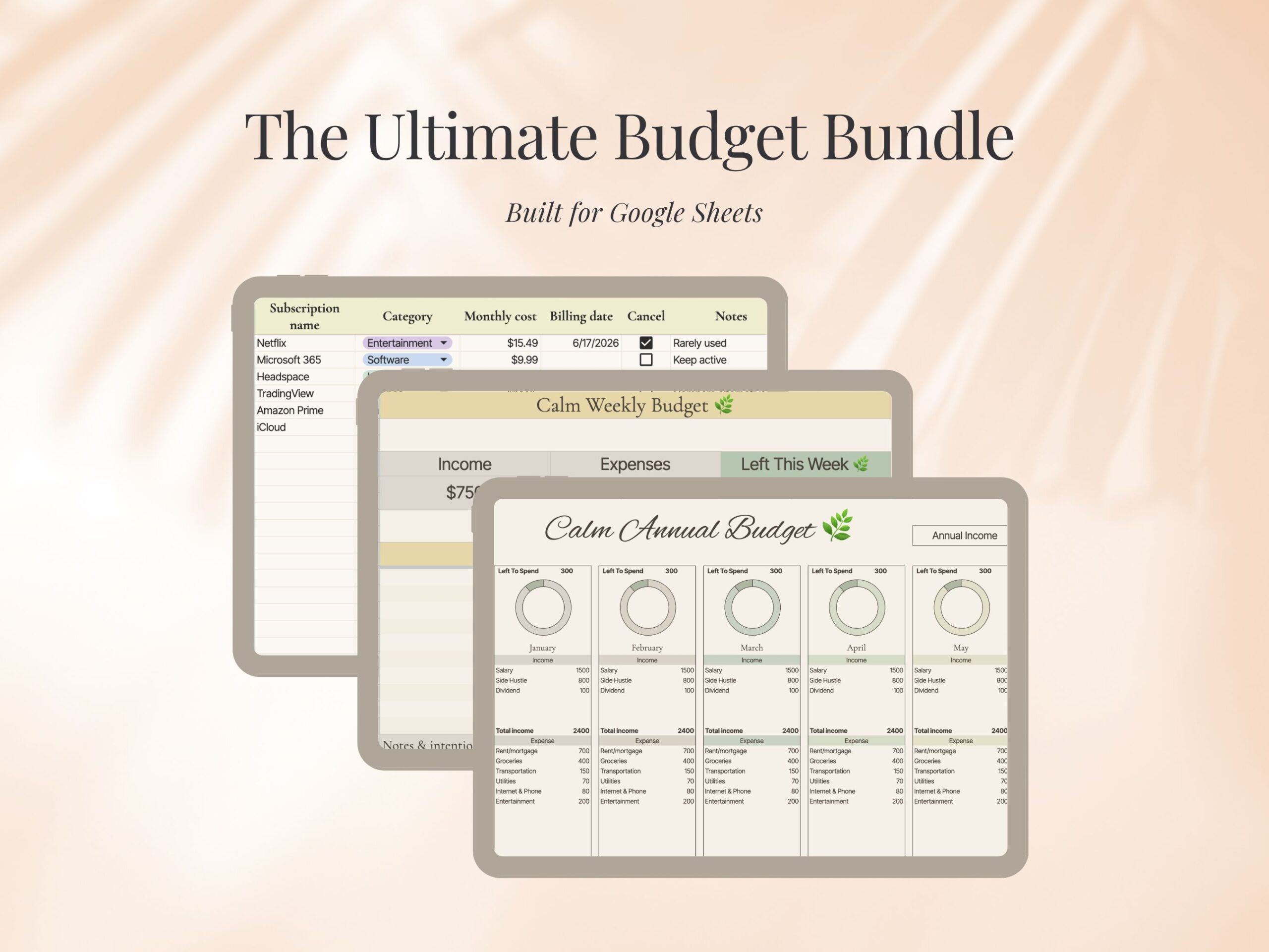 Ultimate Budget Bundle Google Sheets template shown on three iPads